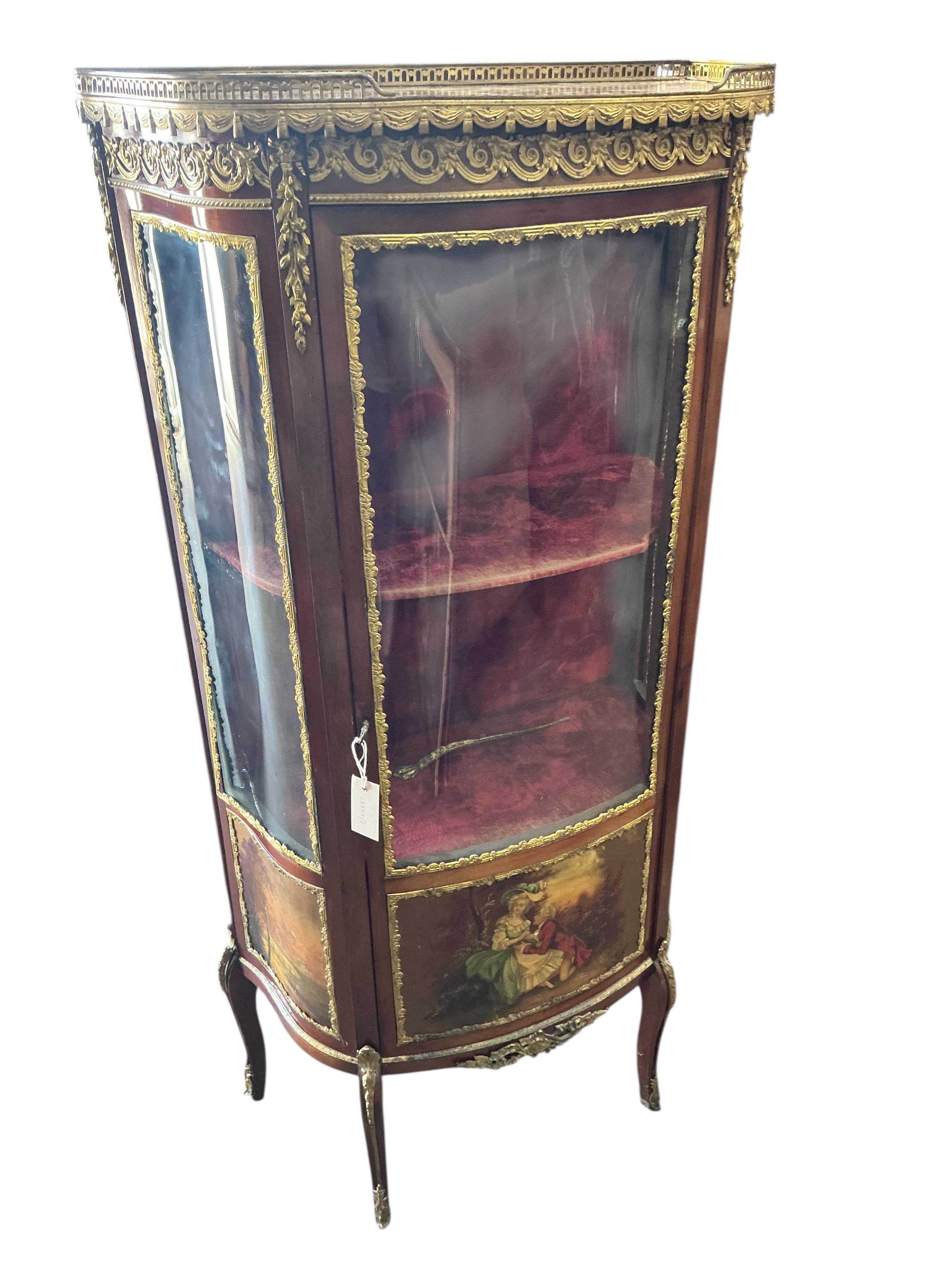 A Vernis Martin style gilt metal mounted mahogany marble top vitrine, width 68cm, depth 34cm, height 140cm
